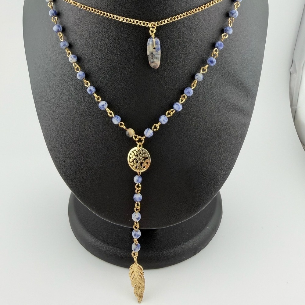 Gold Blue Layered Y-Necklace Tree of Life Feather Charm